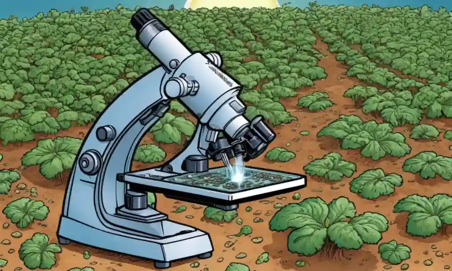Un microscopio con muestras de esporas fúngicas en medio de tierras o cultivos agrícolas, insinuando las consecuencias de patógenos fúngicos no comprobados.