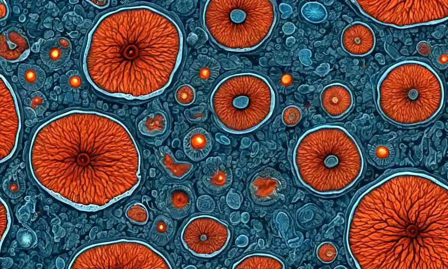 Una imagen de microscopio que muestra diversas morfologías fúngicas con células y estructuras magnificadas.
