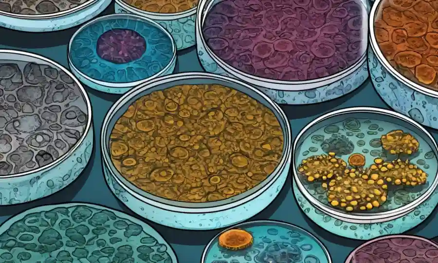 Microscopios magnificando patógenos hongos en platos petri con diversas estructuras.
