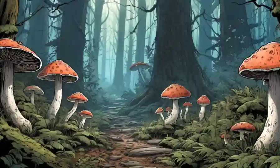 Los crecimientos fúngicos en los ecosistemas forestales ilustran la importancia, con hongos impresionantes en el fondo.