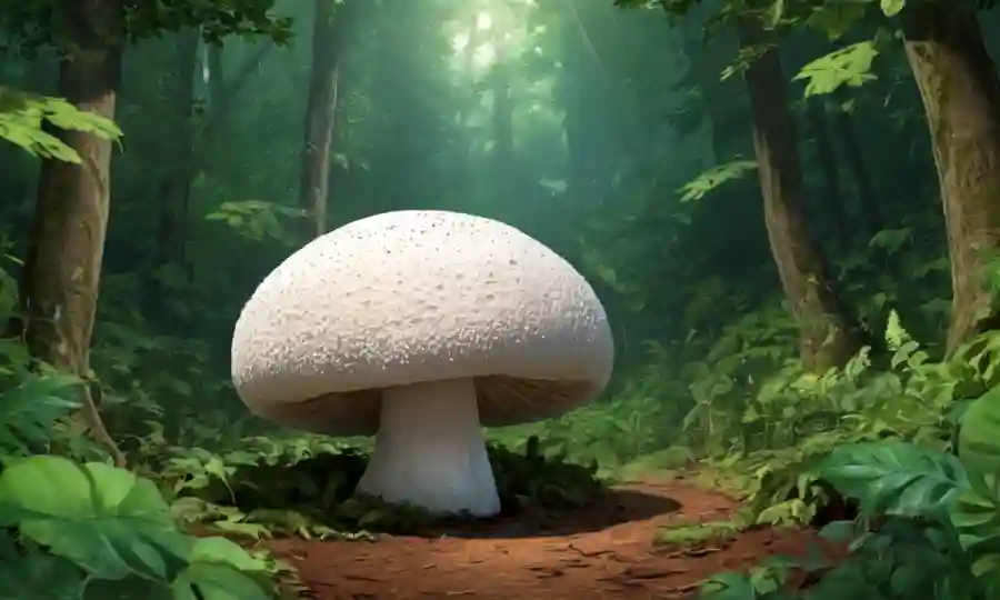 Un hongo de puffball gigante en el suelo del bosque en medio de una vegetación exuberante.