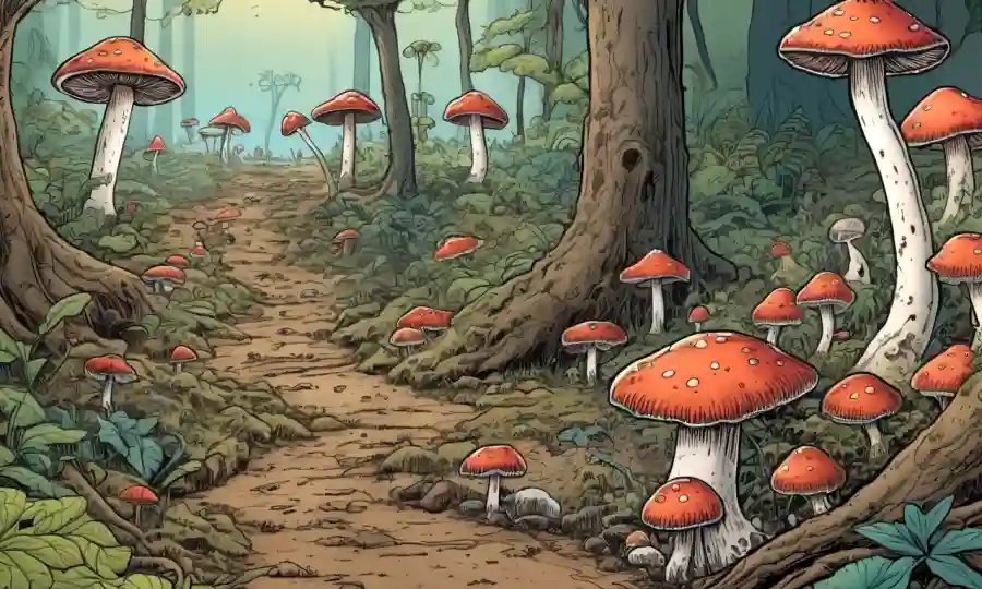 Fungi creciendo fuera del suelo entre humanos interactuando con ellos en un ambiente natural. (Nota: Este no es un resumen exacto basado en la ciencia, ya que el título combina dos temas no relacionados - relaciones humanas-mushroom y estructuras celular fúngicas.)