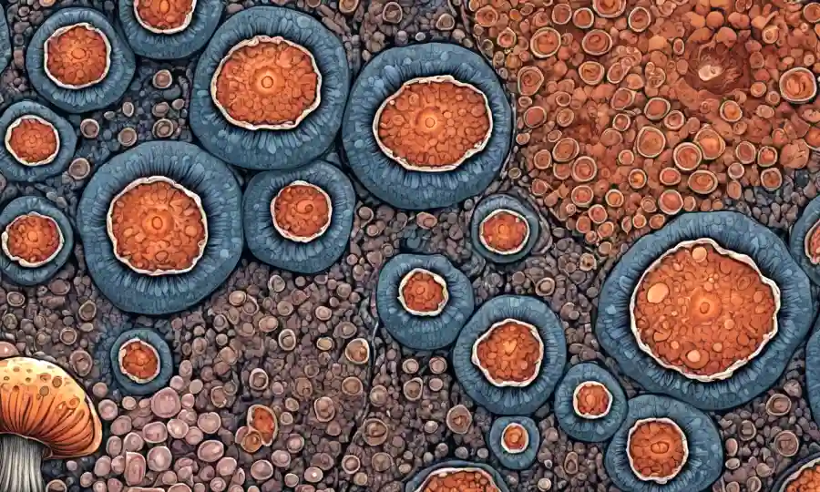 Vista microscópica de células fúngicas y sus estructuras internas.