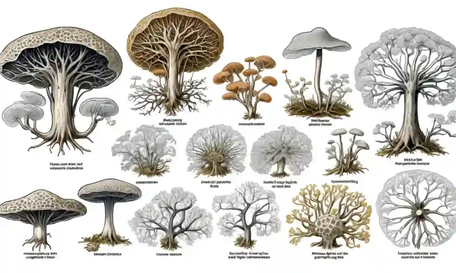 Ilustración esquemática que muestra diferentes tipos de estructuras de hifas fúngicas con etiquetas descriptivas.