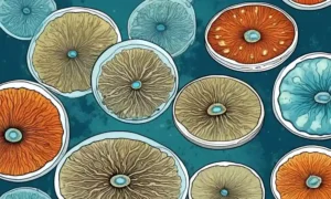 Vista microscópica de etapas de crecimiento fúngico se desarrolla en un plato petri.