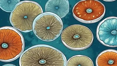 Vista microscópica de etapas de crecimiento fúngico se desarrolla en un plato petri.