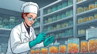 Técnico de laboratorio de microbiología inspeccionando platos petri llenos de colonias fúngicas.