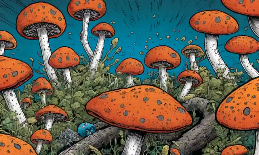 Una ilustración médica de las células hongos rodeada de señales de advertencia.