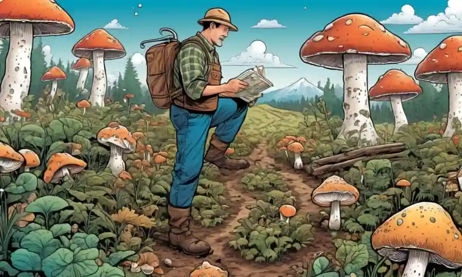 Agricultor coleccionando hongos en un jardín de hongos, rodeado de equipos científicos y gráficos.