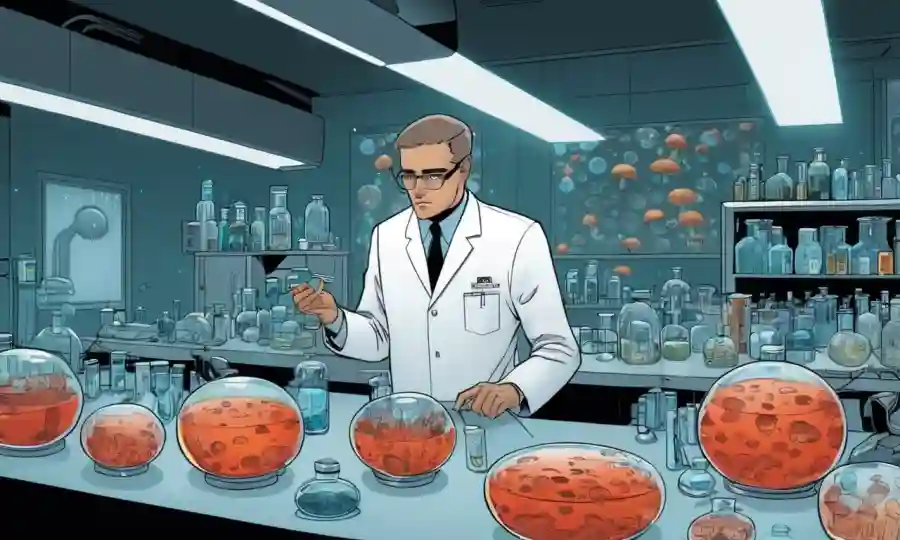 Un investigador de hongos en un laboratorio, rodeado de platos petri y equipos futuristas.