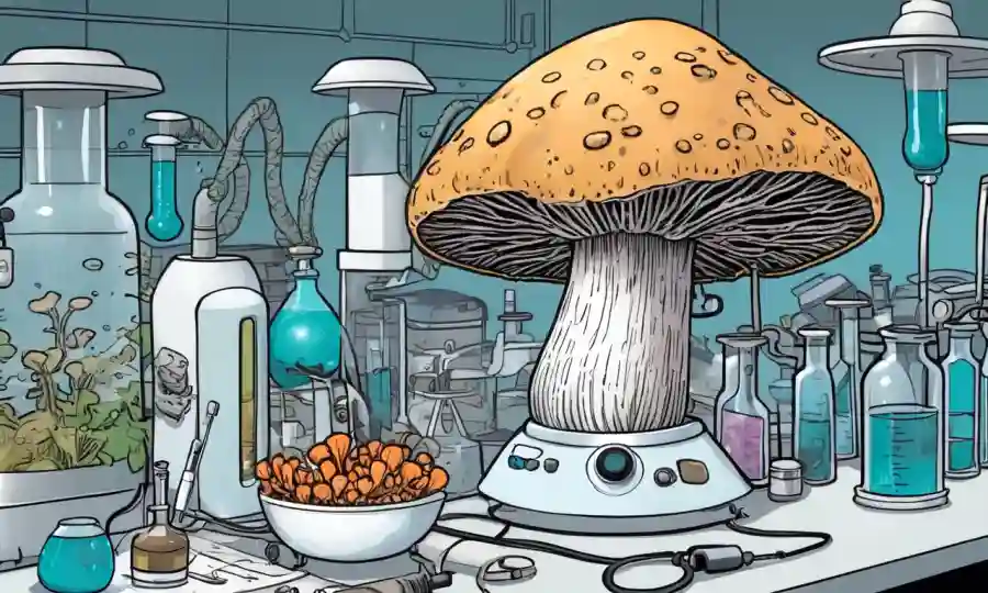 hongos o hongos en un laboratorio con equipos médicos y diagramas.