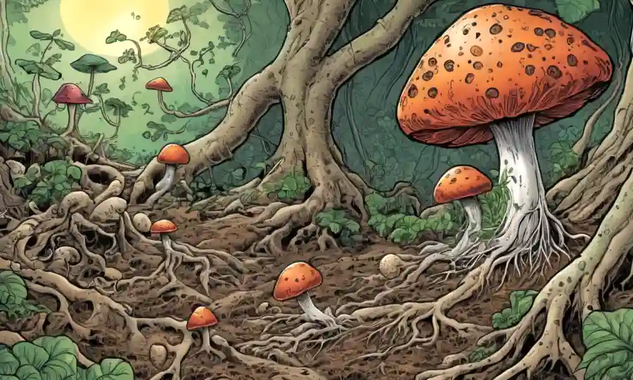 Fungi formando relaciones simbióticas con bacterias en raíces de suelo o plantas.