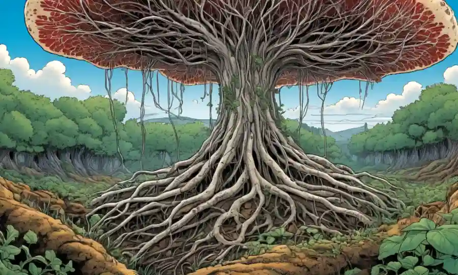 Ilustraciones de redes fúngicas que conectan raíces vegetales en un paisaje natural.