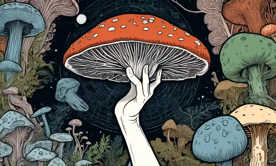 Una mano humana que sostiene un hongo rodeado de ilustraciones intrincadas de redes fúngicas.