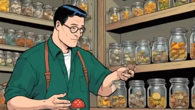 Una persona que examina una colección de hongos con tarros y ayudas de conservación.