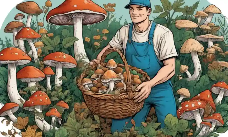Una persona que sostiene una cesta de setas frescas, rodeada de ilustraciones de diferentes especies de setas.