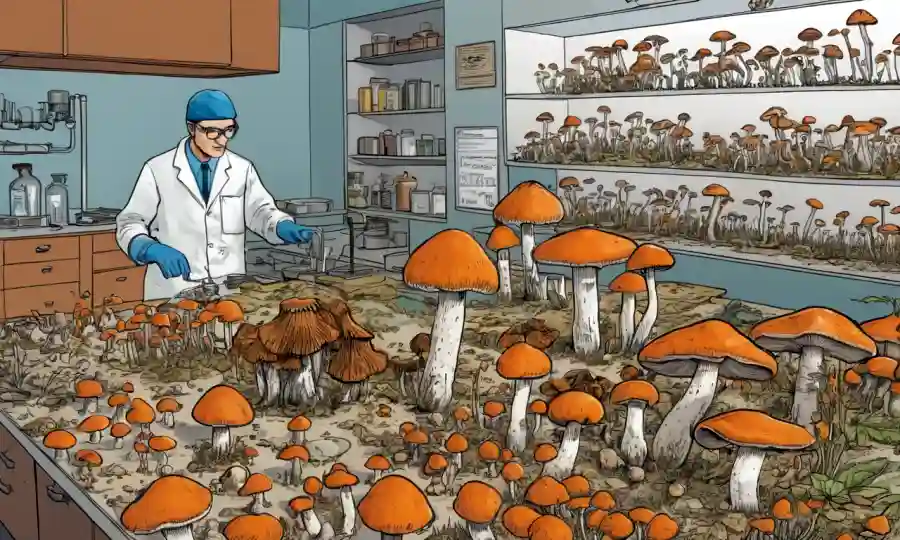 Ilustraciones científicas de hongos junto con técnicas de conservación en un mostrador de laboratorio.