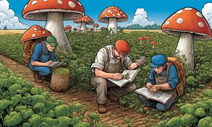 Expertos en hongos estudiando muestras fúngicas entre campos de cultivos orgánicos.