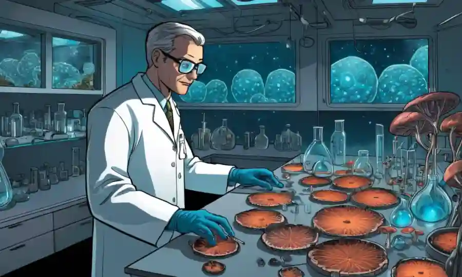Un científico que estudia muestras de hongos en un laboratorio futurista.