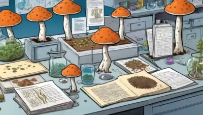 Una selección de especies de hongos en un entorno de laboratorio rodeado de papeles científicos.
