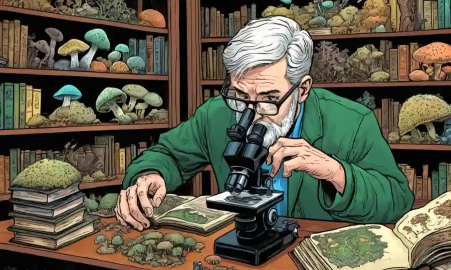 Un micólogo mirando a través de un microscopio rodeado de muestras fúngicas y estanterías.
