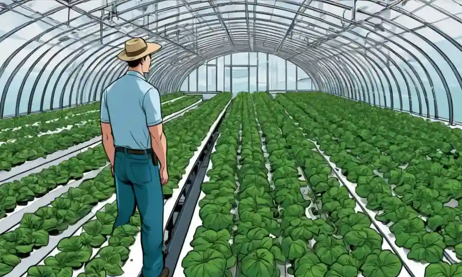 Farmer examine hileras de cultivos hidropónicos en un invernadero futurista.