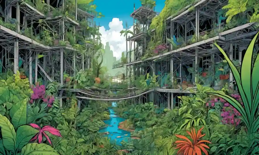 Plantas visbrant creciendo en medio de estructuras interconectadas dentro de un entorno natural exuberante.