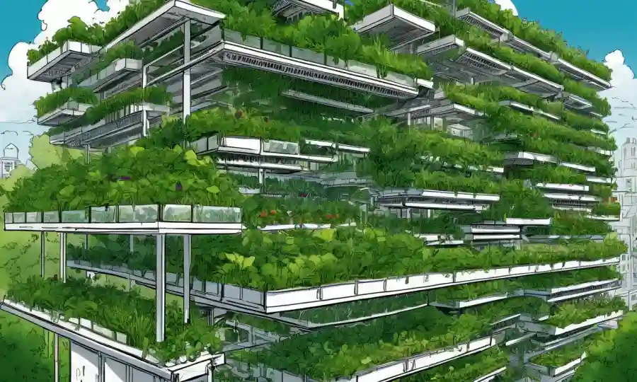 Edificio urbano cubierto de vegetación con estructuras agrícolas verticales y técnicas innovadoras de cultivo.
