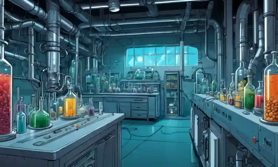 Un laboratorio de fermentación futurista con diversos equipos y tubos.