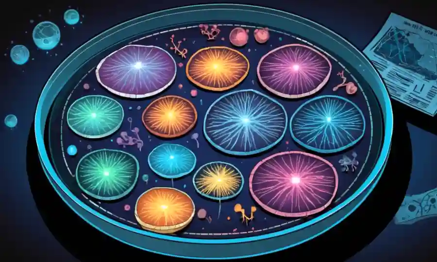 Un plato petri lleno de culturas de hongos brillantes con gráficos y gráficos que lo rodean.