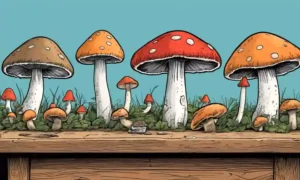 Una fila de hongos en una mesa con flechas apuntando a diferentes especies.