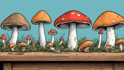 Una fila de hongos en una mesa con flechas apuntando a diferentes especies.