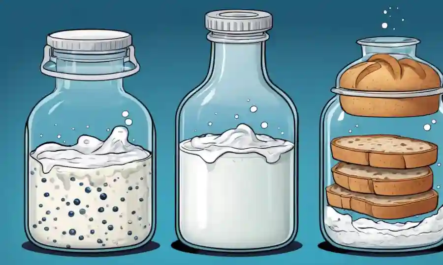 Microorganismos transformando comida en yogur o pan en frascos de laboratorio.