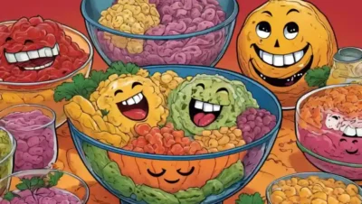 Un tazón de alimentos fermentados con caras sonrientes.