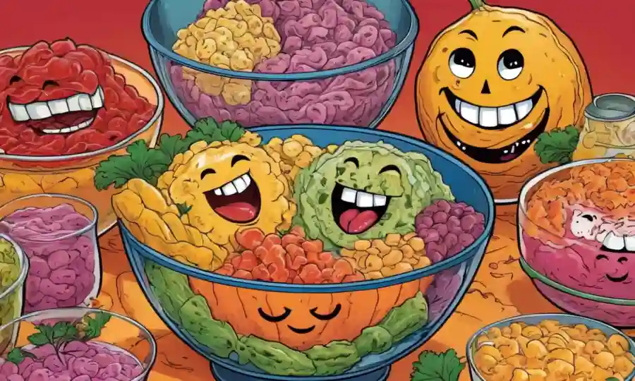 Un tazón de alimentos fermentados con caras sonrientes.