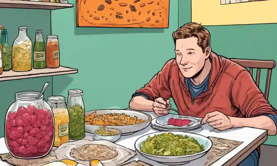 Una persona que disfruta de alimentos fermentados en una mesa, simbolizando un mejor bienestar mental.