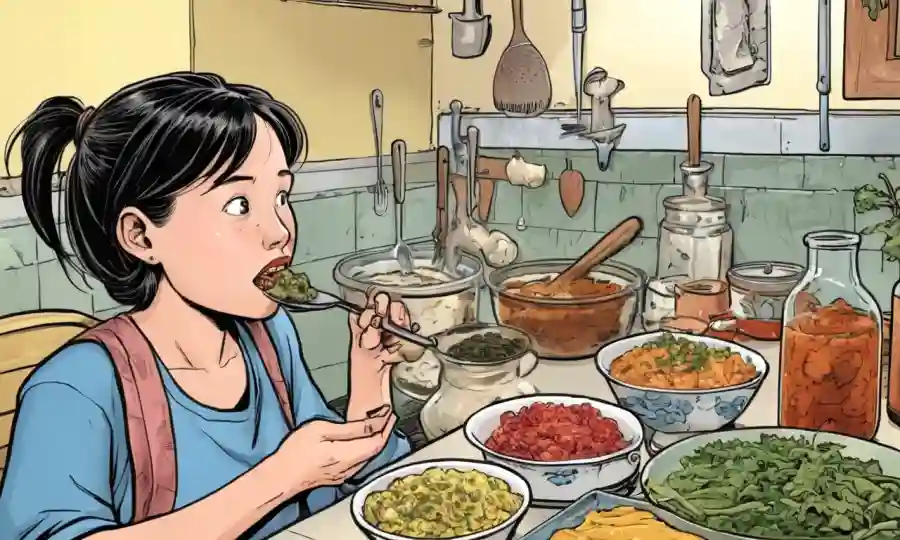 Persona comiendo alimentos fermentados con utensilios tradicionales de cocina cerca.