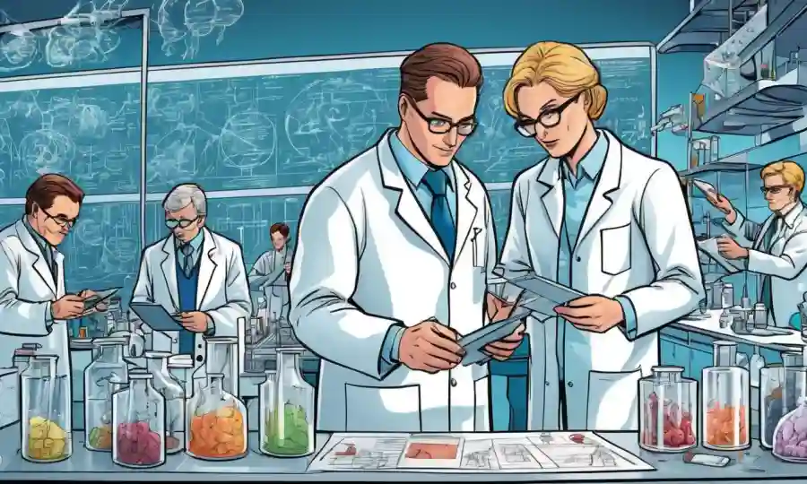 Científicos en capas de laboratorio examinando muestras de diferentes campos con diagramas y diagramas.