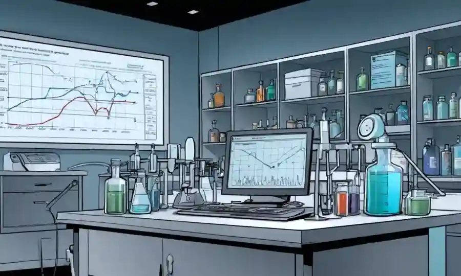 Equipo científico recolectando muestras en un entorno de laboratorio con gráficos y datos mostrados.