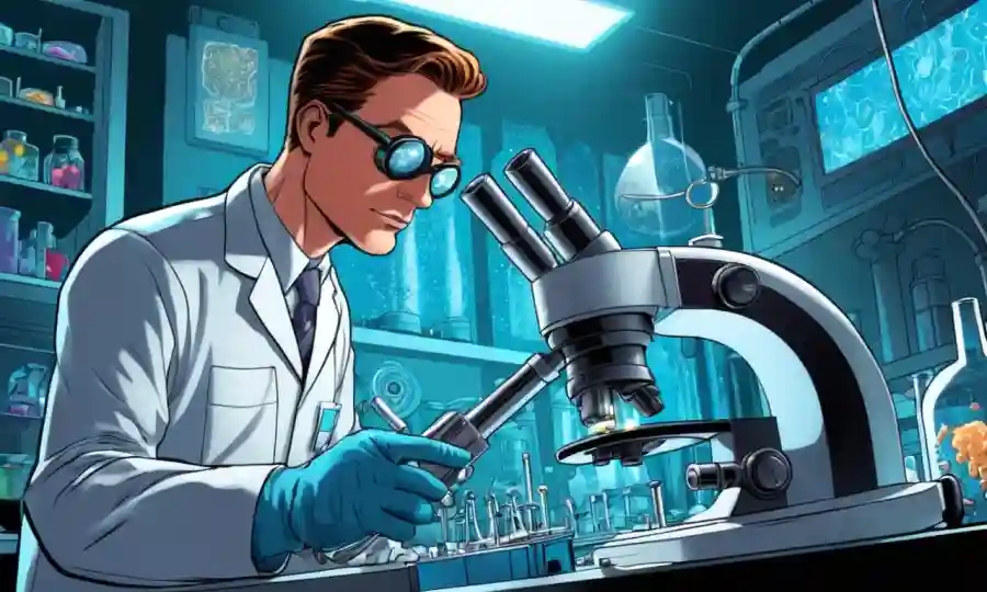 Científico que examina microorganismos bajo un microscopio con equipos de laboratorio futuristas cercanos.