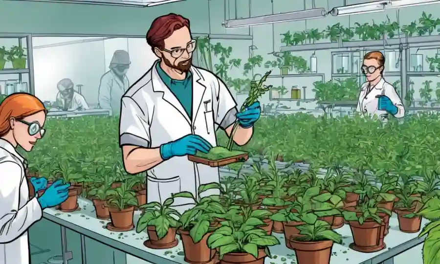 Investigadores que recogen muestras de plantas en un laboratorio ambiental sostenible.
