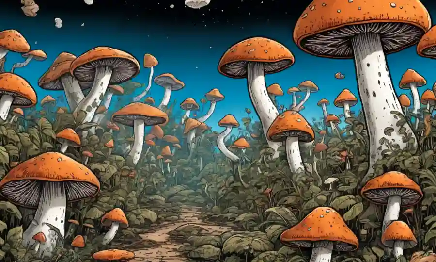 Myconauts rodeado de biomasa de hongos, destacando sus beneficios.
