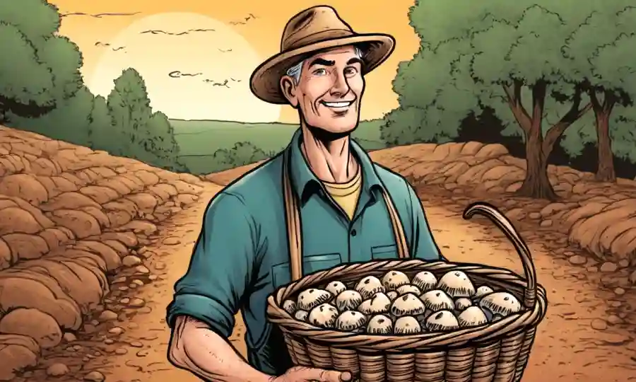 Agricultor sostiene una canasta de hongos con un fondo de tierra