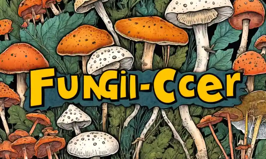 Ilustración científica de especímenes de hongos con flechas que apuntan al texto anticáncer.