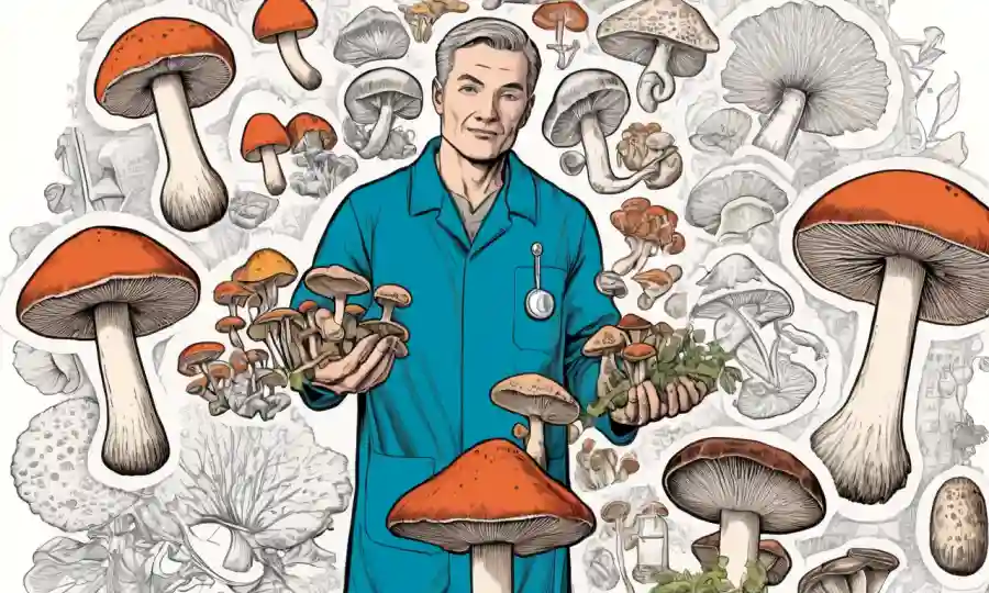 Una persona que sostiene varios hongos rodeados de diagramas médicos.