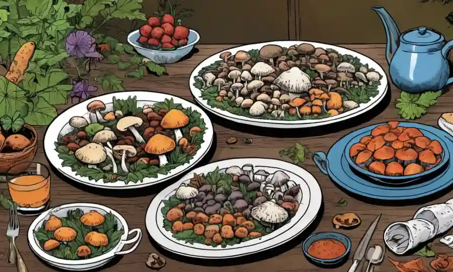 Un plato con varios hongos dispuestos artísticamente sobre una mesa, rodeado de elementos de salud y bienestar.
