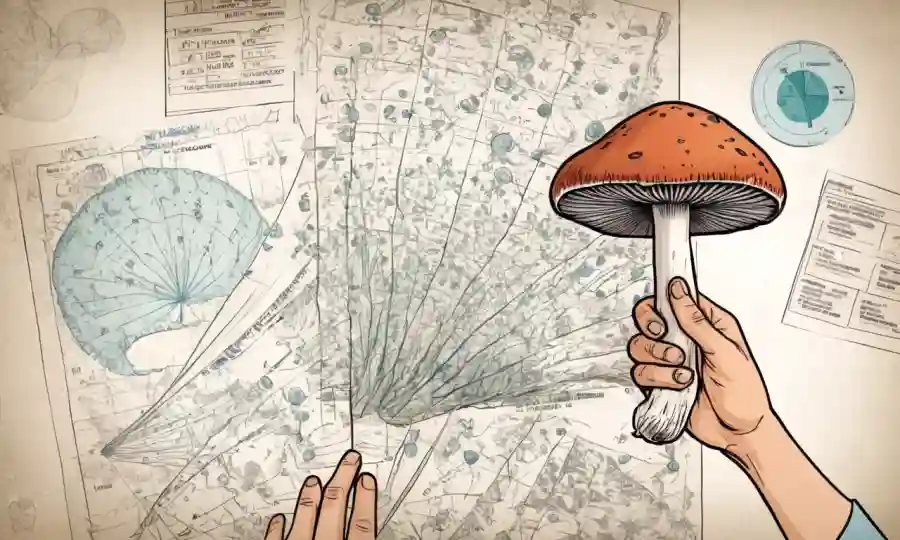 Una persona que sostiene un hongo con un fondo sutil de los gráficos médicos.