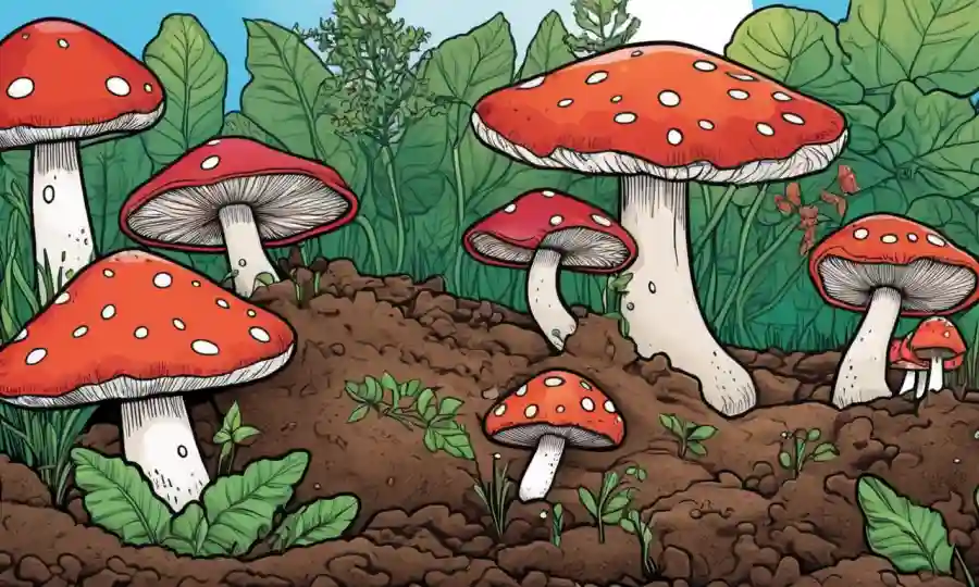 Setas que crecen en suelo con ilustraciones inspiradas en la naturaleza, destacando sus beneficios para la salud.