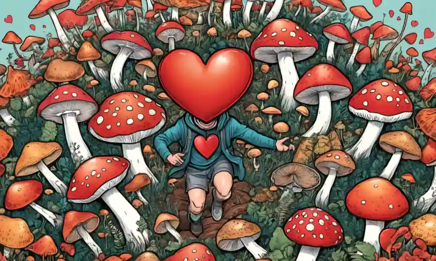 Una persona rodeada de varios hongos, con un símbolo cardíaco que representa una mejor salud cardiovascular.