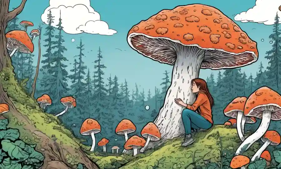Una persona que abraza una floración fúngica, representando los beneficios de la salud de los hongos en el sistema inmunitario.